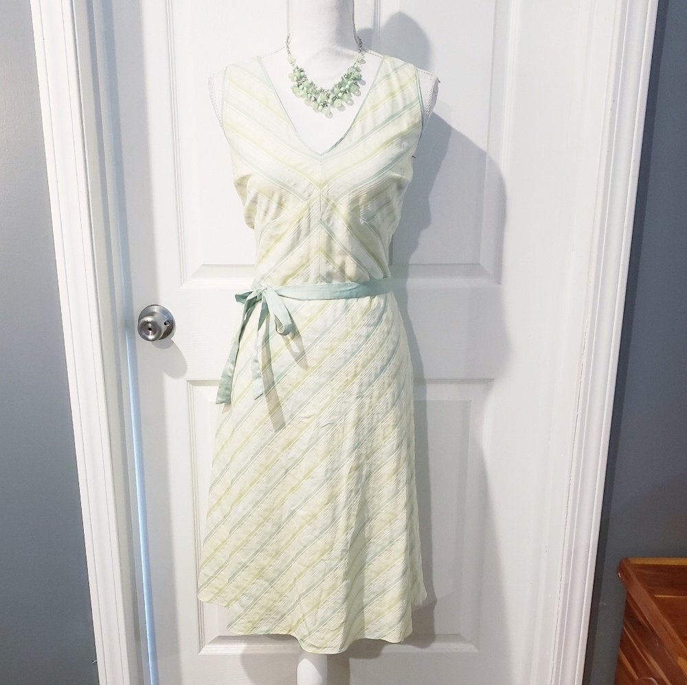 Ann Taylor LOFT Textured Green Stripe Tie-Waist Dr